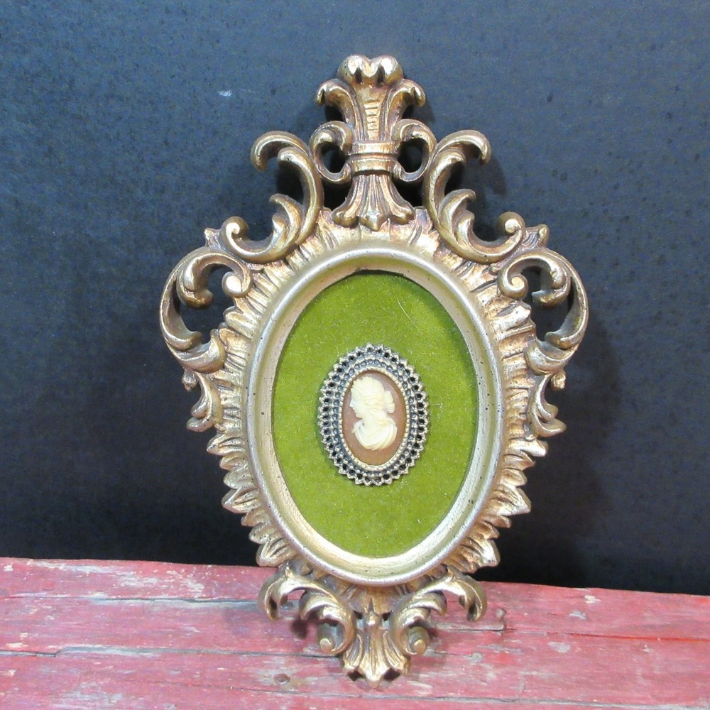 Vintage Burwood Arabesque Ornate Gold Frame w/ Green Velvet Cameo Wall Decor USA